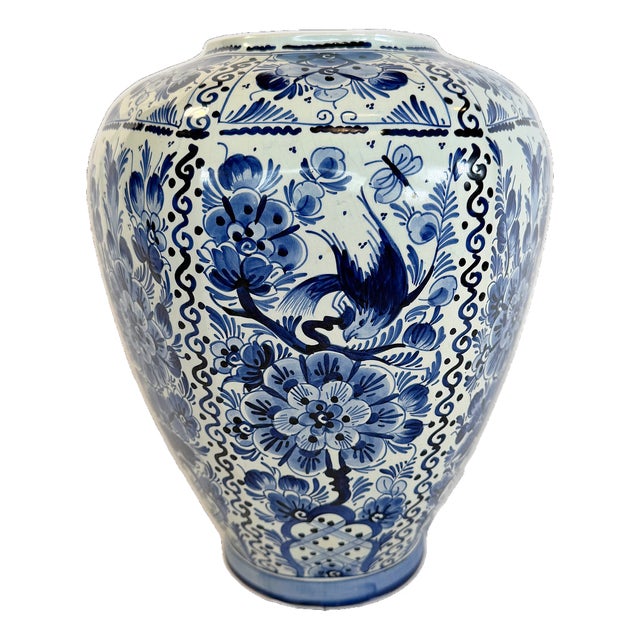 1970s Large Hand-Painted Delft Blue & White Vase With Bird Motif For Sale