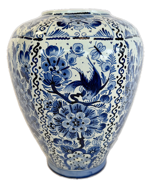 1970s Large Hand-Painted Delft Blue & White Vase With Bird Motif