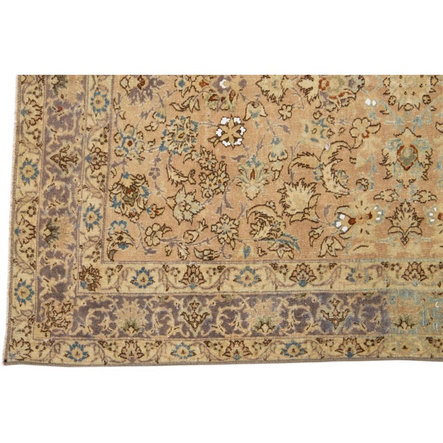 Handmade Tan Antique Persian Kirman Wool Rug With Allover Floral Motif For Sale - Image 4 of 6