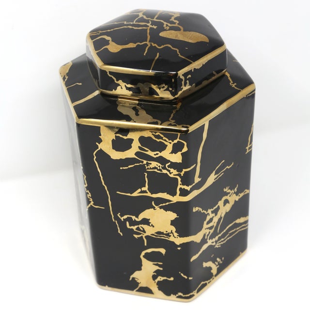 Ceramic Hexagonal Black & Gold Ceramic Lidded Jar For Sale - Image 7 of 8
