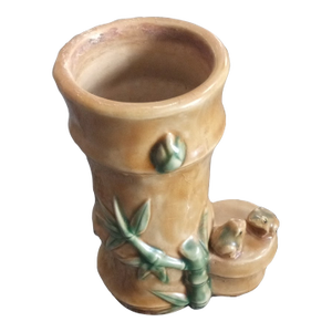 1960s Majolica Glazed Bamboo Stalk & Frog Vase