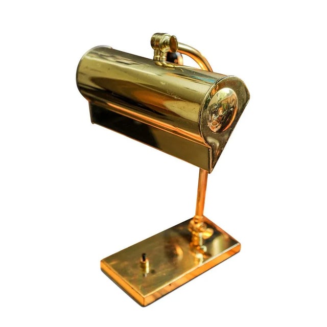 Mid-Century Brass Banker's Lamp with Brass Pivotable Shade & Ebonised Desktop Switch For Sale - Image 3 of 5