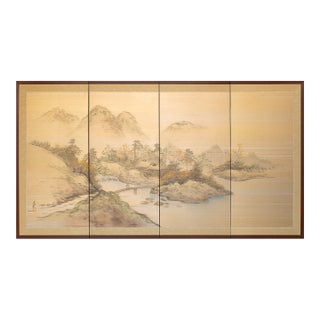 1960s Shōwa Era Japanese Byobu Screen, "Mountain Landscape With River and Bridge" For Sale