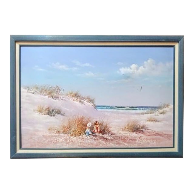 1980s Edward Runci Sign Beach Scene With Two Children For Sale