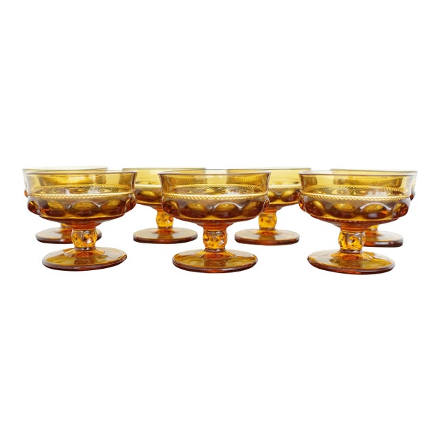 Vintage Indiana Glass Amber King’s Crown Thumbprint Sherbet Glasses - Set of 7 For Sale