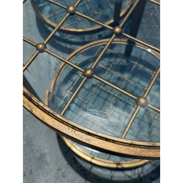 Vintage MCM Beaded Lattice Brass Tone Two Tier Side Tables - Pair For Sale - Image 9 of 9