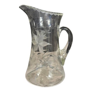 1960s Hand-Blown Etched Glass Water Pitcher For Sale