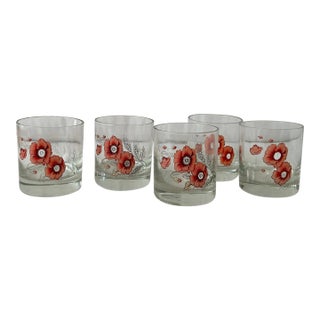 Pretty in Pink Floral Blown Glass Lowball Glasses- Set of 5 For Sale