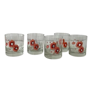Pretty in Pink Floral Blown Glass Lowball Glasses- Set of 5