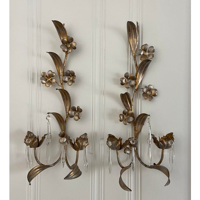 Mid Twentieth Century Gold Gilded Italian Toleware Metal Candle Sconces, a Pair For Sale - Image 9 of 9