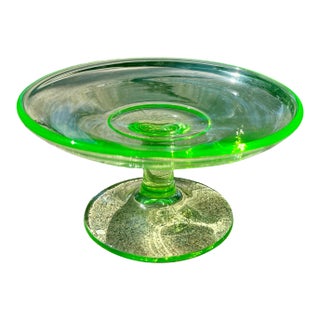 Vintage Uranium Glass Round Pedestal Cheese Stand For Sale