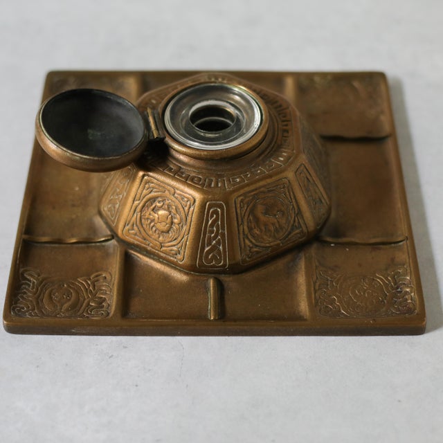 Tiffany Studios New York Zodiac Bronze Inkwell With Pen Tray and Rocker Blotter For Sale - Image 9 of 18