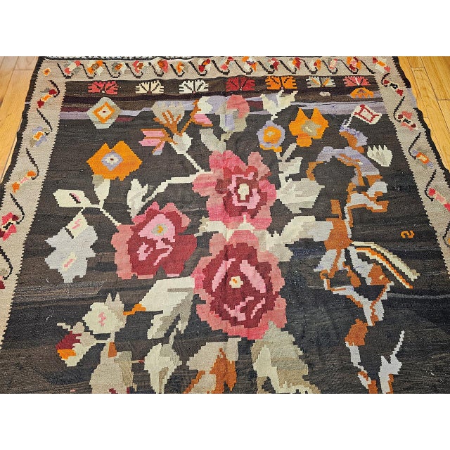 Black Vintage Caucasian Karabagh Kilim, Flat-Woven Wool, Allover Floral Pattern, Chocolate & Red, 7x13 For Sale - Image 8 of 15