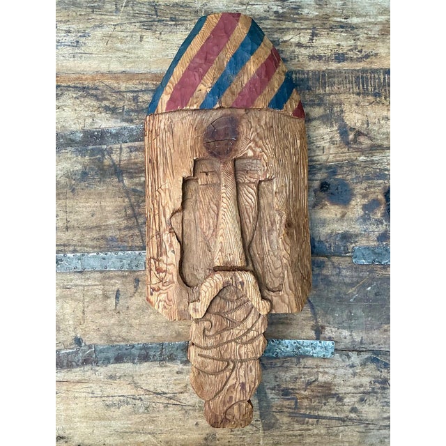 Brown Vintage Rustic Carved Wood Mask For Sale - Image 8 of 11