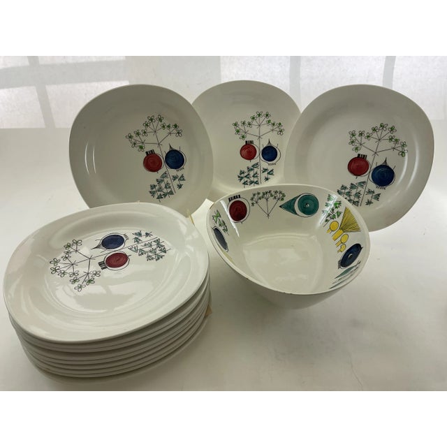 Ceramic New 1960’s Vintage Rörstrand Pomona Picknick European Dinner Plates & 1 Salad Bowl, Designed by Marianne Westman- 14 Pieces For Sale - Image 7 of 12
