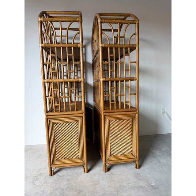 1970's Vintage Palm Beach Regency Arched Rattan Étagères With Cabinets – A Pair For Sale - Image 10 of 16