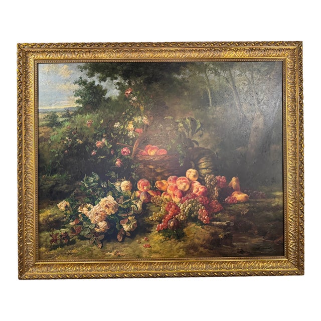 Early 20th Century Monumental Dutch Still Life Oil Painting by W. Honner With Fruit & Roses in Gilt Frame For Sale