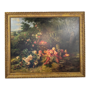 Early 20th Century Monumental Dutch Still Life Oil Painting by W. Honner With Fruit & Roses in Gilt Frame