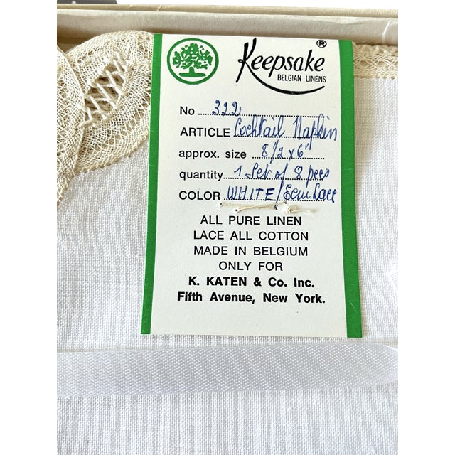 1950s Fine Belgian Linen & Lace Cocktail Napkins for K. Katen — Boxed Set of 8 For Sale - Image 9 of 9