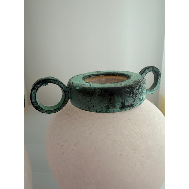 Pair of Scavo Murano-Style Glass Vessels Bud Vases Pink Verdigris Metal Handles For Sale - Image 13 of 18