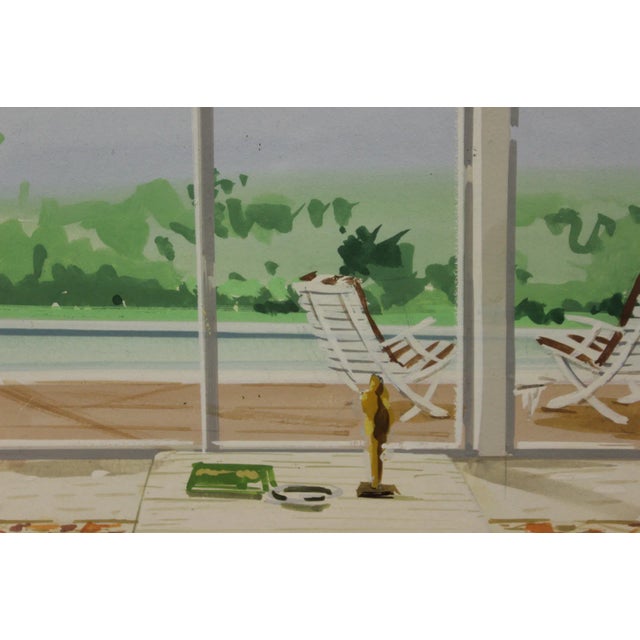 Fab/ retro c1960s tropical-inspired living room interior watercolor w/ an inviting pool beckoning just outside!