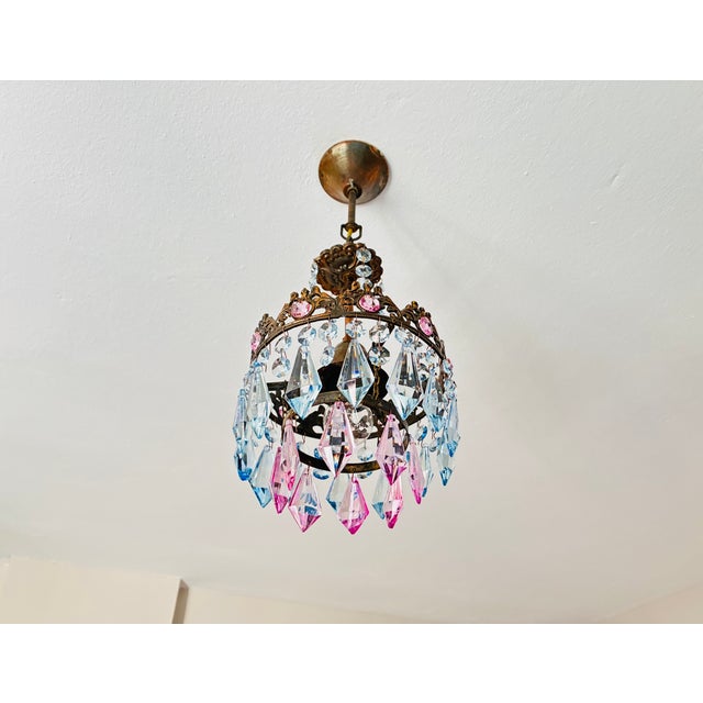 Pink Vintage Brass Crown Chandelier With Hand-Painted Pink and Ice Blue Crystal Prisms For Sale - Image 8 of 17