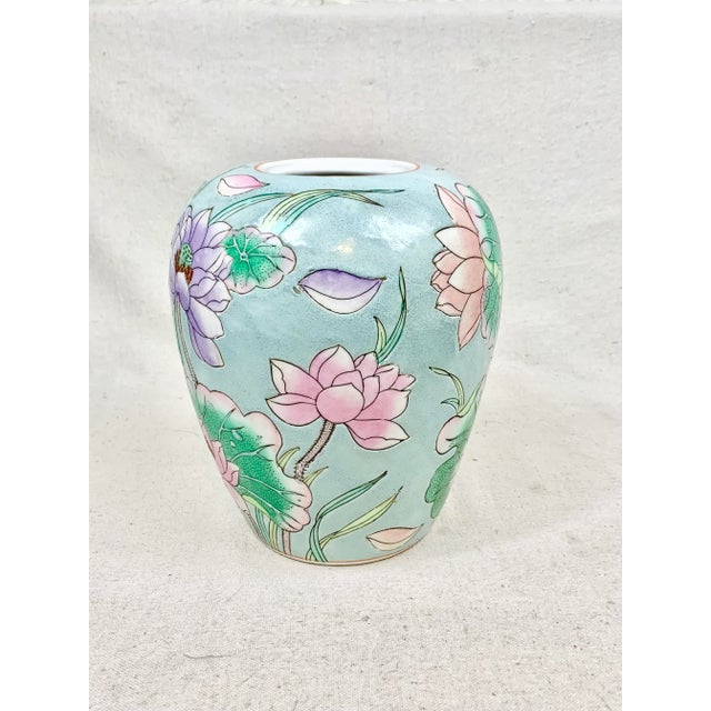 Vintage Late 20th Century Pastel Waterlily Chinoiserie Vase For Sale - Image 9 of 13