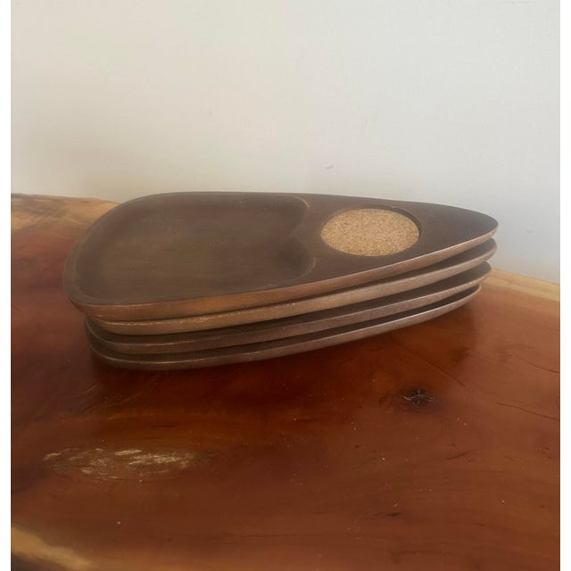 Mid-Century Modern Wood Divided Snack Trays With Cork Accent —Set of 4 For Sale - Image 4 of 4