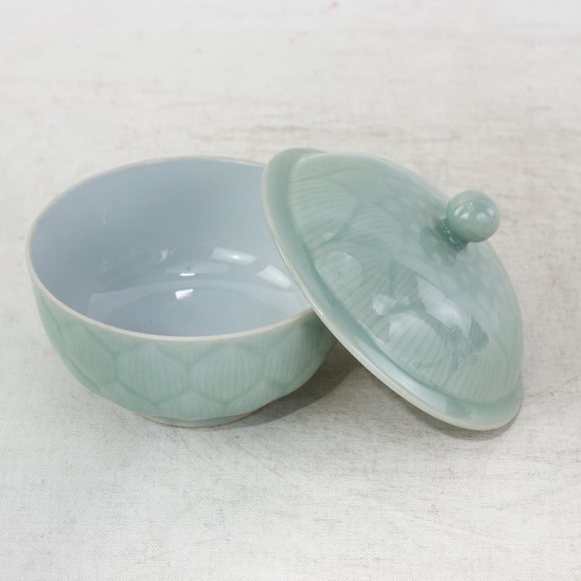 Ceramic Vintage Chinese Celadon Green Lotus Flower Carved Porcelain Covered Bowl For Sale - Image 7 of 13