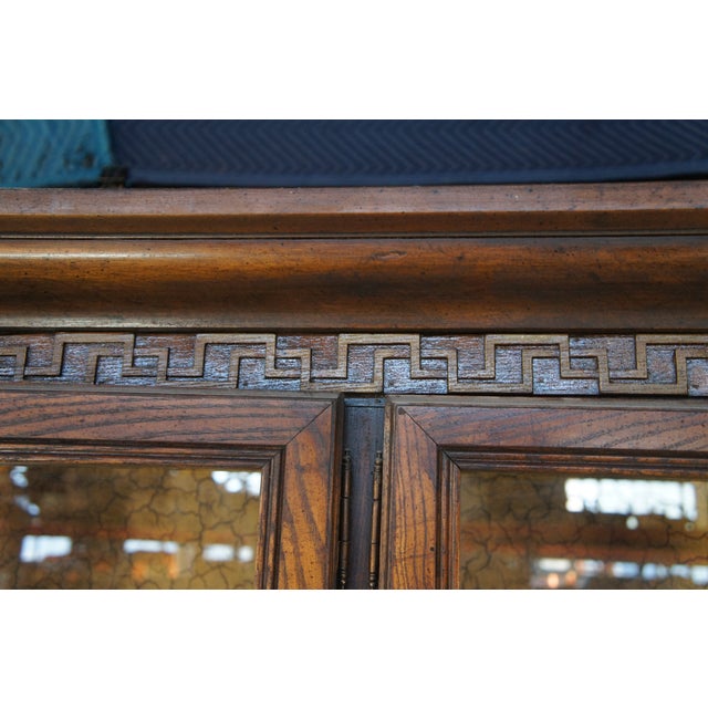 1970s Oak Chinese Chinoiserie Shou Ming Style China Display Cabinet Credenza 84" For Sale - Image 4 of 16