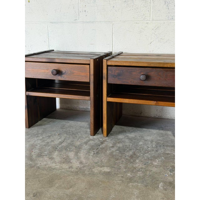 Oak Nightstands Side Tables Set of 2 Rustic Brutalist Vintage Mid-Century Modern 1970s For Sale In Los Angeles - Image 6 of 11