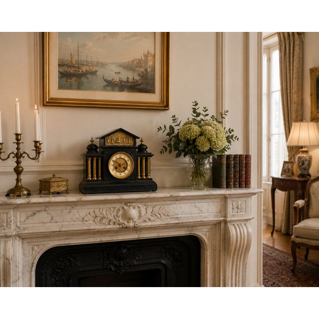 Antique French Architectural Mantel Clock in Black Marble and Gilt Brass, 1880 For Sale - Image 12 of 13