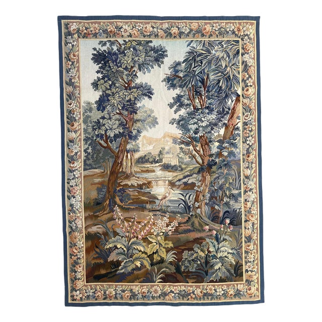 Mid-Century French Tapestry with Landscape, River and Bird from Aubusson, 1950s For Sale