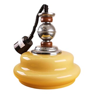 Vintage Yellow Glass Pendant with Metal and Wood Structure For Sale