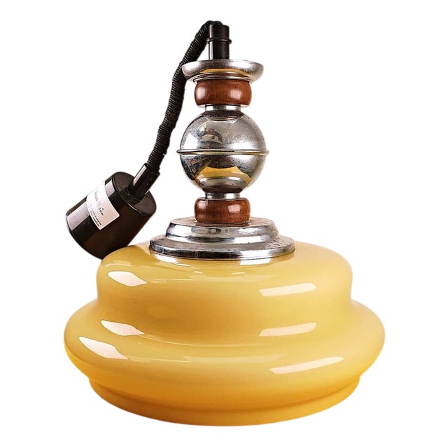 Vintage Yellow Glass Pendant with Metal and Wood Structure For Sale