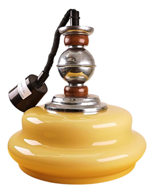 Vintage Yellow Glass Pendant with Metal and Wood Structure