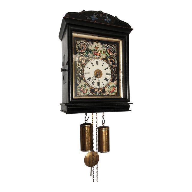 1865 Furderer Jaegler & Cie German Wall Clock With Pendulum, Two Weights, and Mother-Of-Pearl Decoration For Sale