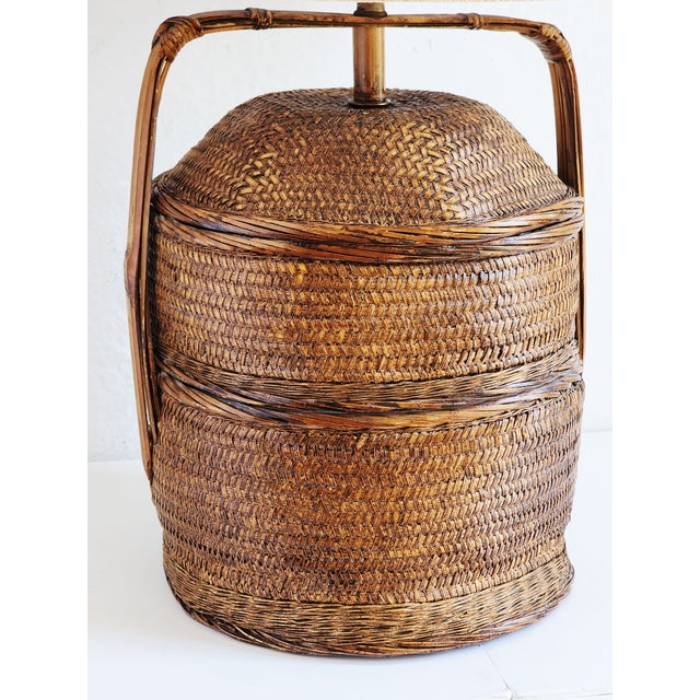 Vintage Chinese Rattan Woven Basket Table Lamp For Sale In New York - Image 6 of 15