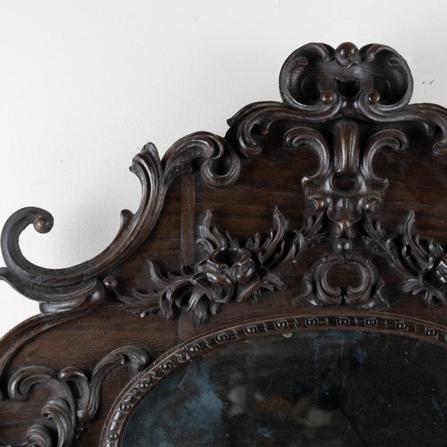 Rustic Early 20th Century Carved Oval Dark Oak Mirror From Portugal For Sale - Image 3 of 10