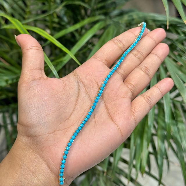 7.98ct Round Natural Turquoise Cabochon Tennis Bracelet in 14k Yellow Gold For Sale In New York - Image 6 of 16