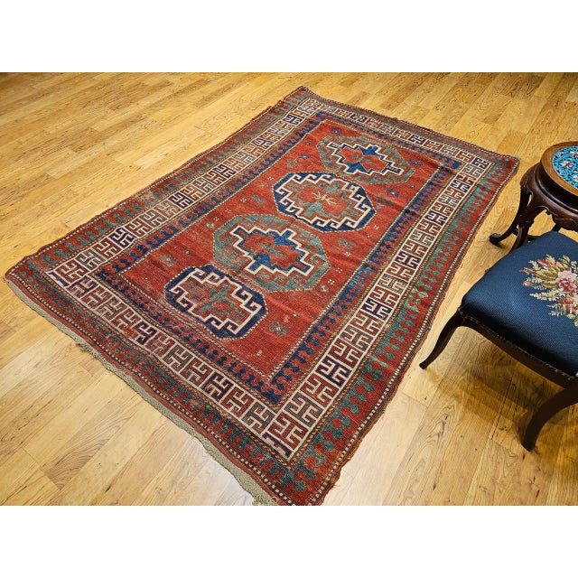 Antique Caucasian Kazak Rug, Handwoven Wool, Geometric Medallion Design, Red & Ivory, 5' x 7' For Sale - Image 17 of 17