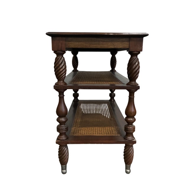 Brown Vintage Baker Milling Road British Colonial Style Three-Tier Stand With Cane Shelves For Sale - Image 8 of 12