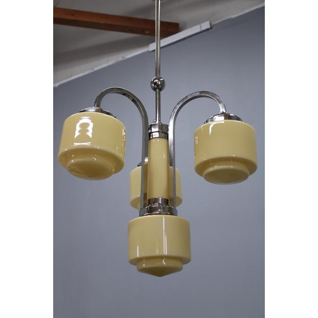 Art Deco Nickel Pendant Light with Cream Glass Cylinders, 1930s For Sale - Image 3 of 15