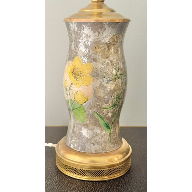 Vintage Botanical Reverse-Decoupage Glass Table Lamp With Pierced Brass Base For Sale - Image 11 of 12