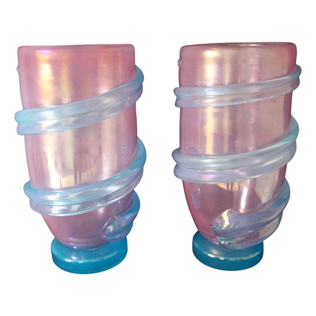 Large Pink and Iridescent Turquoise Murano Glass Vases by Gino Cenedese, 1980s, Set of 2 For Sale