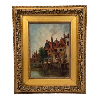 Antique European Harbor Village Oil Painting in Ornate Gilt Frame For Sale