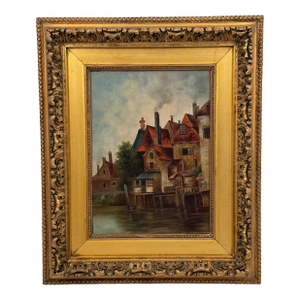 Antique European Harbor Village Oil Painting in Ornate Gilt Frame
