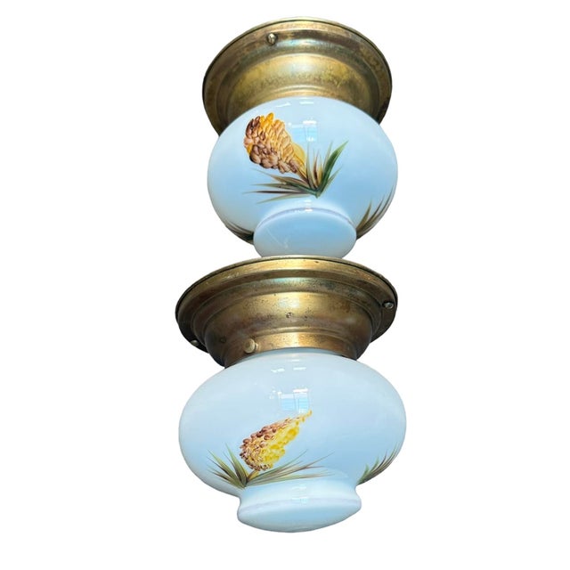 Mid-Century Modern Pair of Painted Acorns and Thistles Motif on Brass Ceiling Lights Circa 1950 For Sale - Image 3 of 6