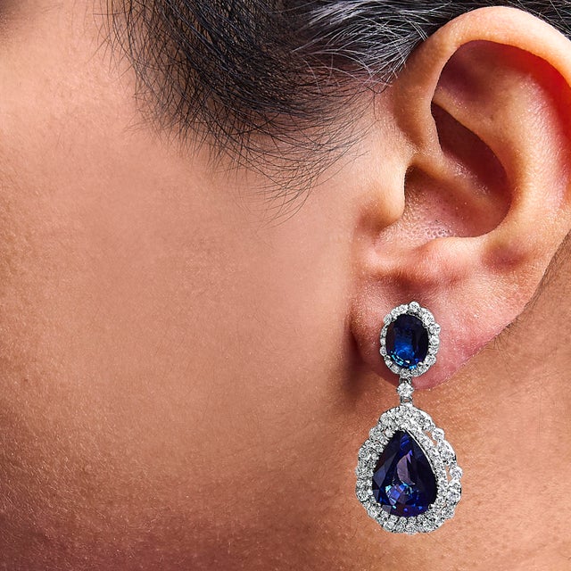 18K White Gold Blue Sapphire 2 3/4 Cttw Diamond Halo Drop Dangle Earring (G-H Color, SI1-SI2 Clarity For Sale - Image 4 of 5