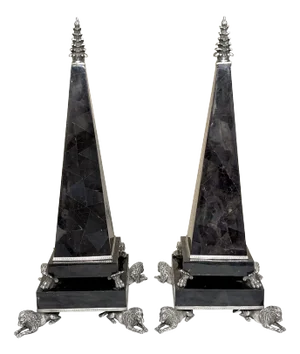 Large Silverplated Bronze & Inlaid Coconut Shell Lion Motif Obelisks - a Pair